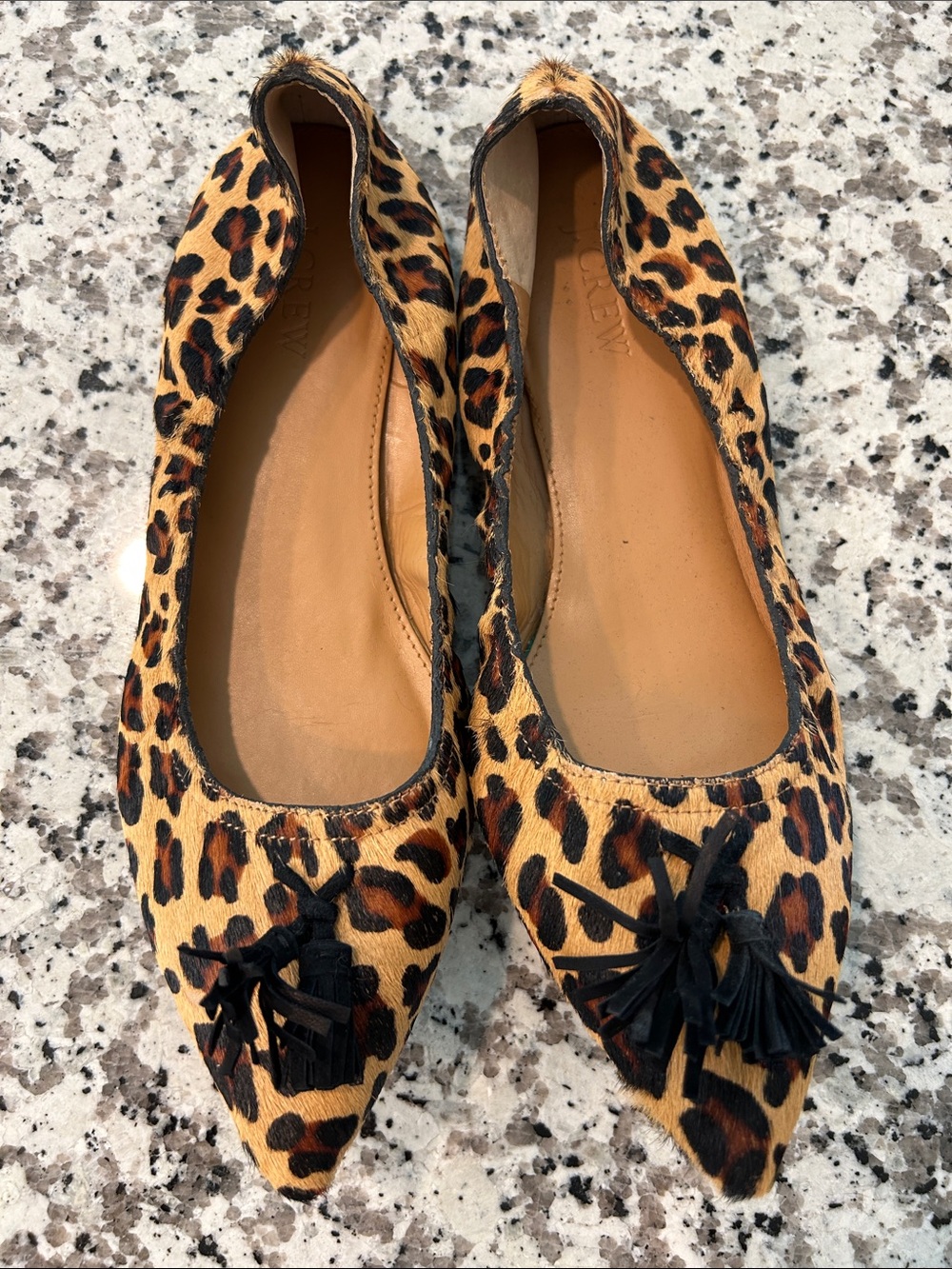 J. Crew Leopard-Print Pointed-Toe Flats with Black Tassels